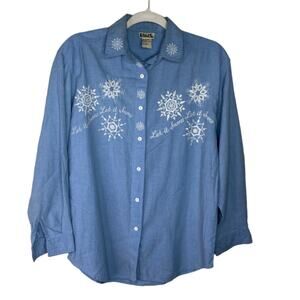 Falls Creek Womens Denim Button Front Shirt with Snowflakes "Let it Snow" Size S